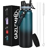 GAZLEMHO 40 oz Insulated Water Bottle with Straw& Spout 2-in-1 Lid, Triple Wall Vacuum Stainless Steel Cold 48H, Leak Proof Sports Metal Flask Jug with Paracord Handle, Indigo Black