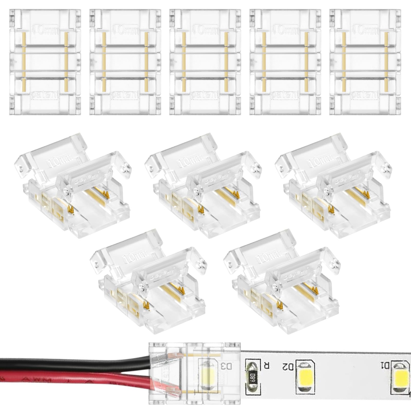 HOTUT 2 Pin 10mm COB LED Strip Light Connectors, 10pcs RGB LED Tape Connector, Gapless Solderless Connectors, DIY Strip to Wire Quick Solderless Connection for 10mm Wide SMD LED Strip Lights