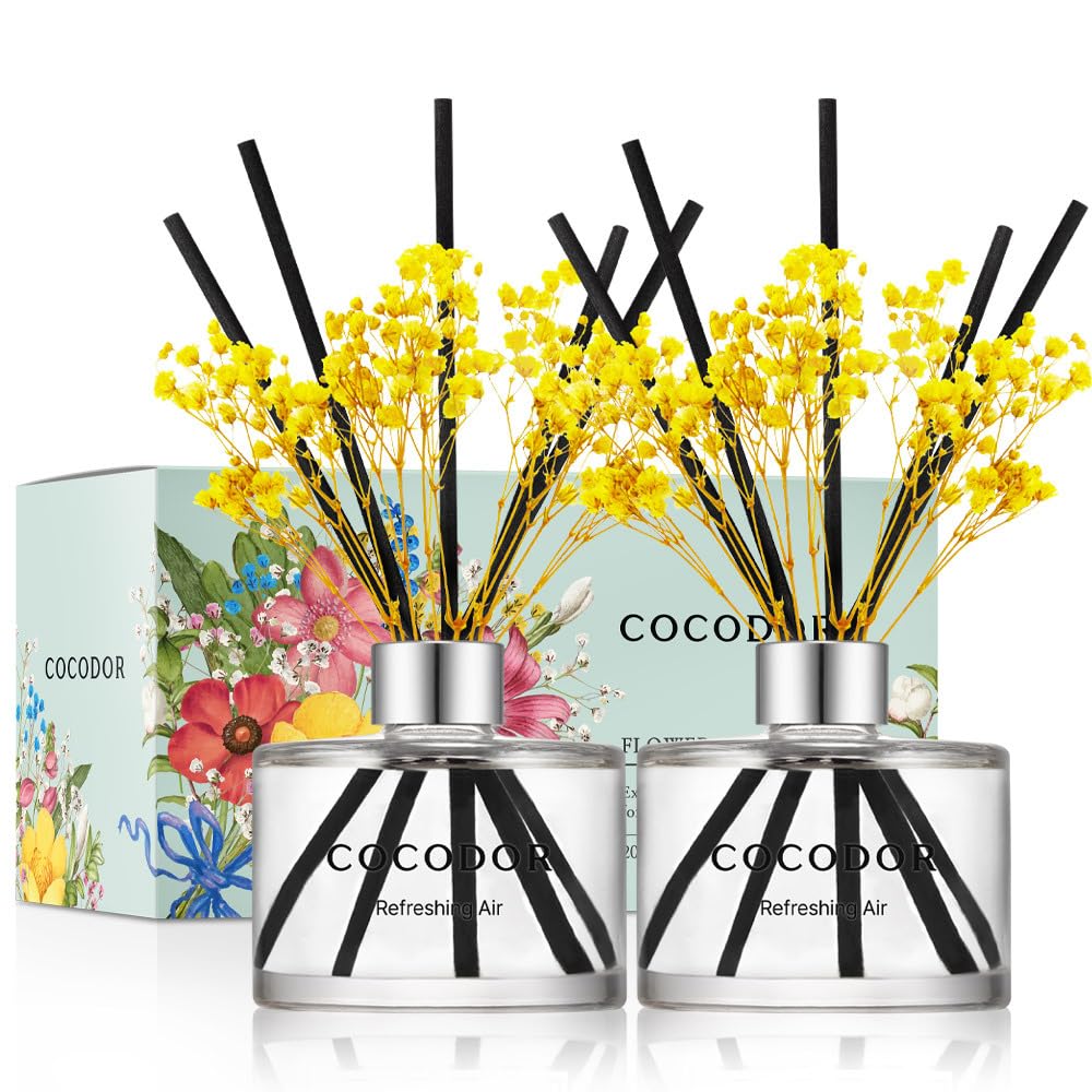 Cocod'or [COCODOR/Refreshing Air Flower Reed diffusers Oil with a Set of 5 Fiber Sticks, 200ml*2packs, Best for Home, Kitchen, Bathroom. Diffusers with sticks