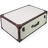 DreamsEden Large Decorative Wooden Storage Box, 23.5''L x 14''W - Vintage Suitcase Chest Trunk with Hinged Lid, Linen-Fabric Cover