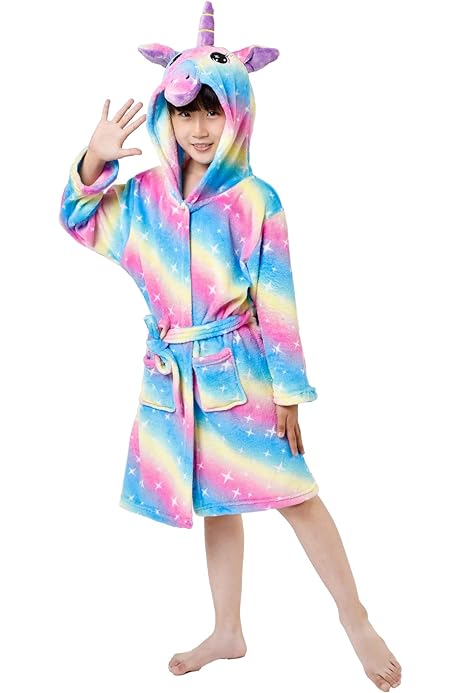 Unicorn Design Hooded Robe Skin Friendly /& Soft Bathrobe for Girls 3 to 11 Y