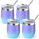 Volhoply 12oz Stainless Steel Wine Tumbler with Lid Bulk 4 Pack,Double Wall Vacuum Stemless Wine Glasses,Reusable Metal Travel Coffe Mug with Straw,Insulated Cup Gifts for Christmas（Purple Bule,4 Set）