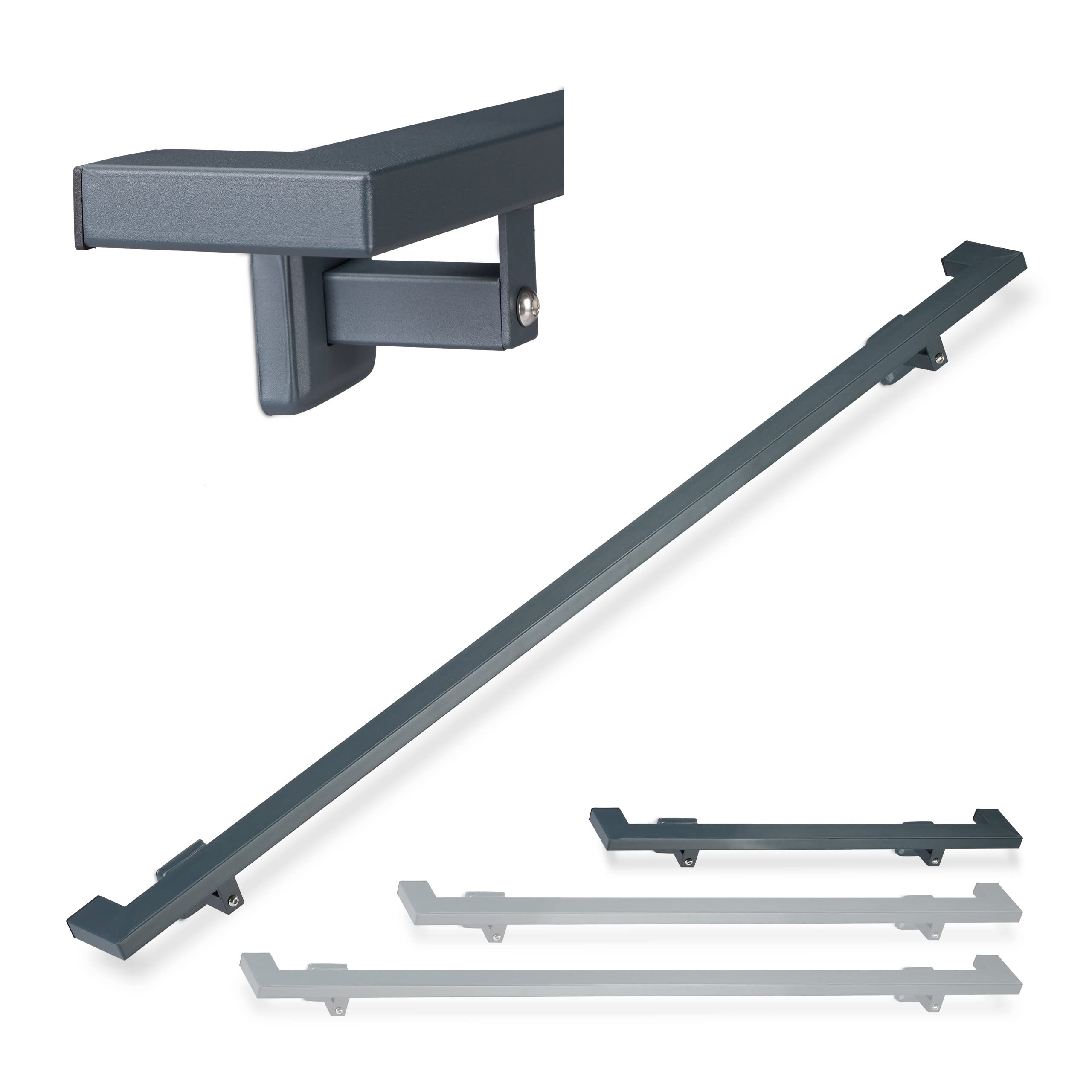 Relaxdays Angular Handrail, Matt, Indoor Bannister, 100 cm, Stair Fitting with Brackets, Anthracite, steel, PP, 10 x 100 x 10 cm