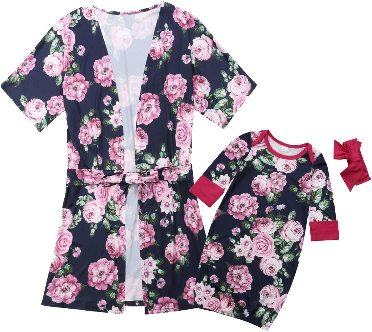 Mother and Daughter Family Matching Pajamas Floral Nightgowns Cotton Kimono Short Robes Sleepwear