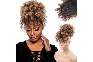 ENTRANCED STYLES Drawstring Ponytail with Bangs Afro Puff Ponytail Extensions for Women Short Curly Puff Ponytail with Bangs Clip in Wrap Updo Hairpiece for Women(T30)
