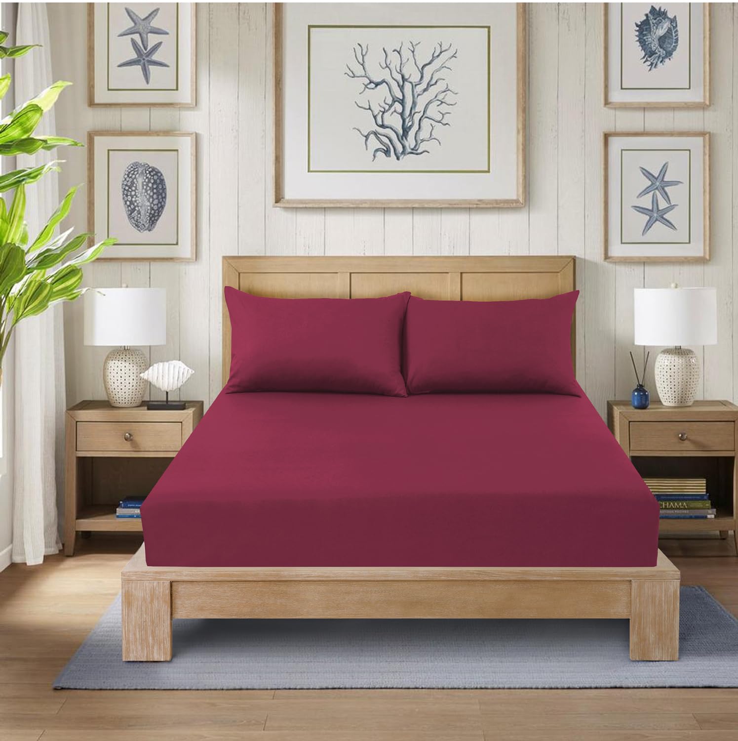 CHARKHAH Polycotton Fitted Sheet for Single Double King Super King Bed 200 Thread Count Anti Wrinkle Plain Bedding 25 cm Extra Deep Fitted Sheets Cover with Elastic Edges (Burgundy, Super King)
