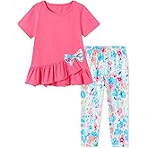 SOLOYEE Toddler Girl Clothes 2-8Years Girls Outfit, Short Sleeve Ruffle Bowknot Top+Floral Capri Pants 2Pcs Spring Summer Set