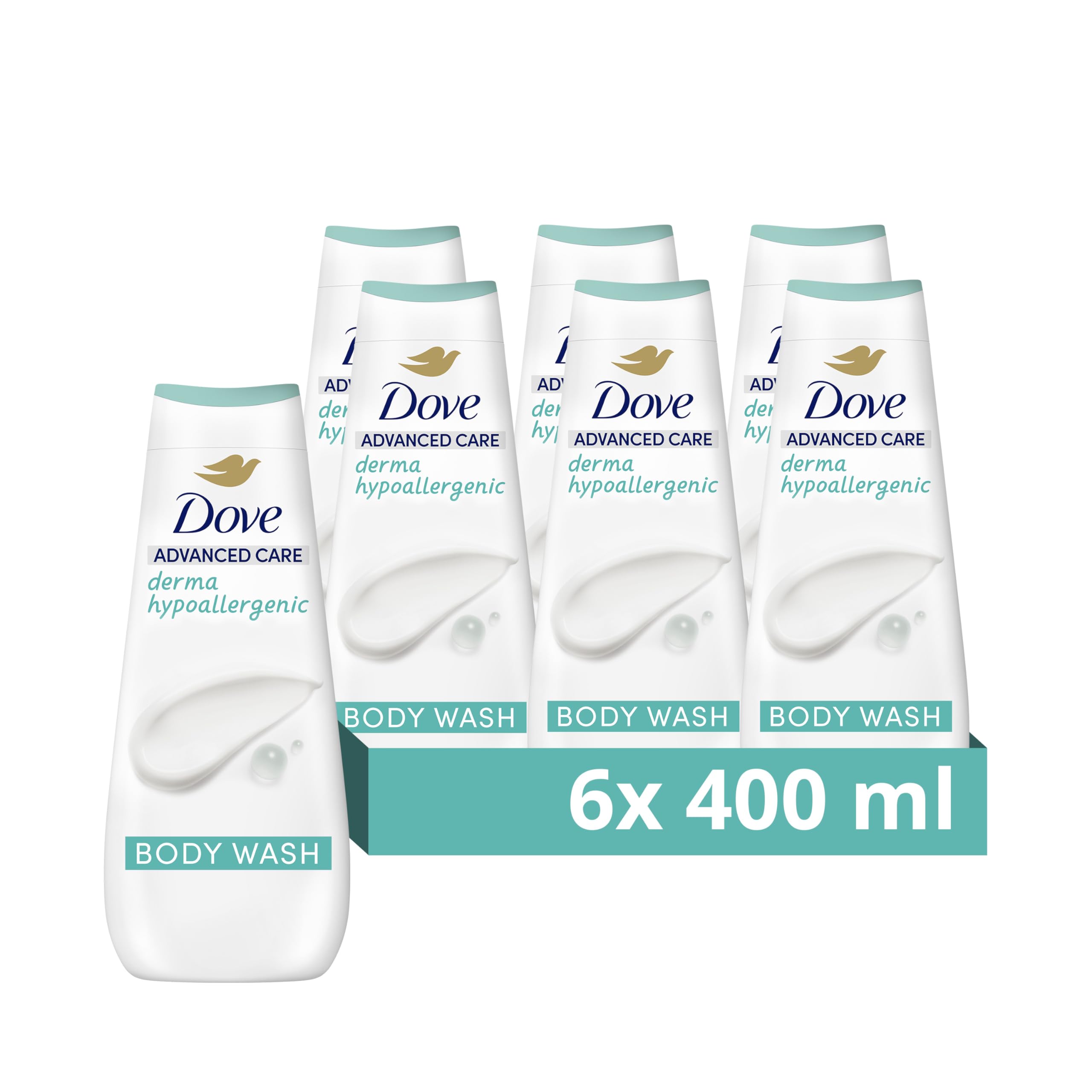 Dove Advanced Care Derma Hypoallergenic Body Wash Body Cleanser fragrance free shower gel for instantly lotion-soft skin 6x 400 ml