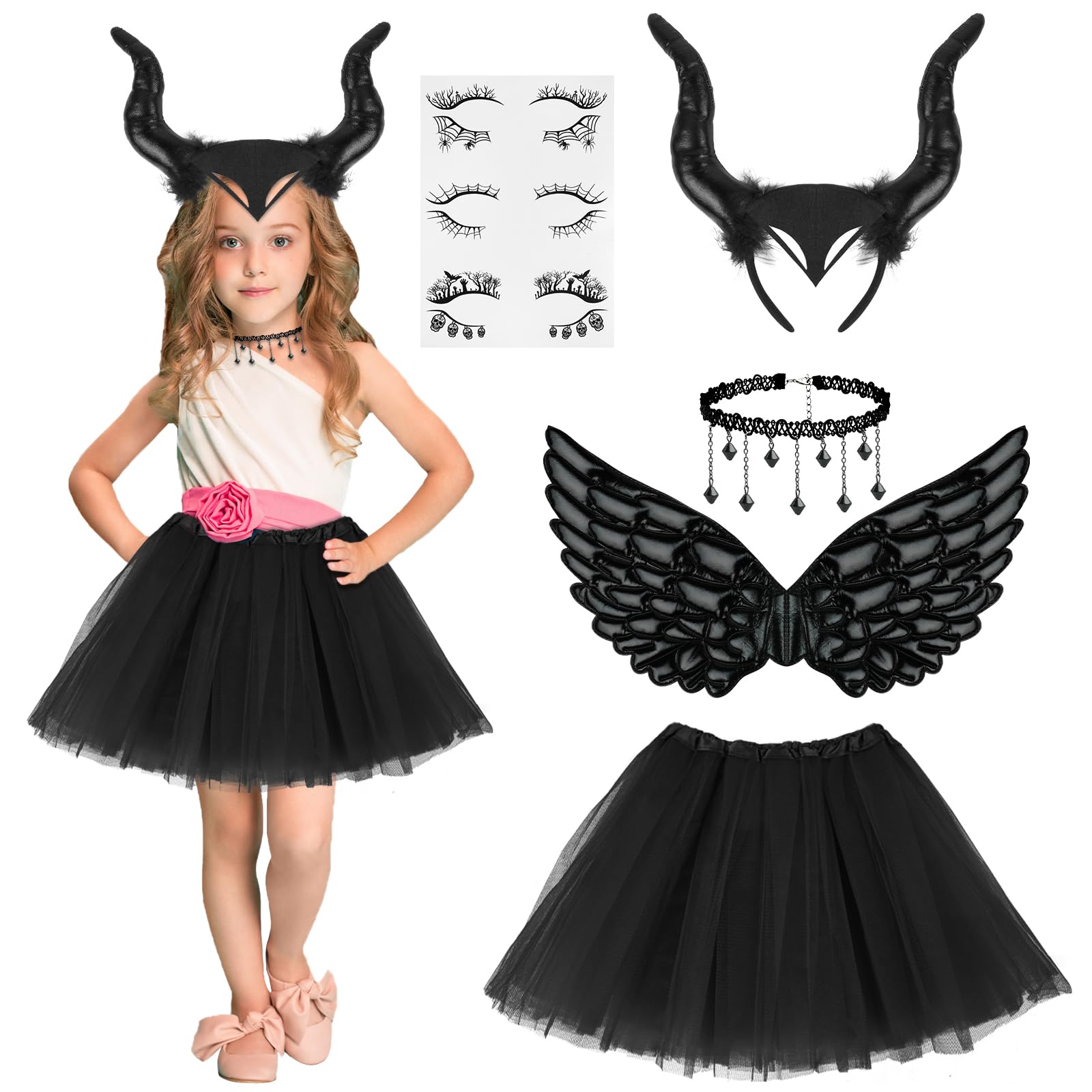 ACWOO 5pcs Kids Maleficent Costume, Evil Witch Dress Up Outfit with Devil Horns Headband, Angel Wings, Tutu Skirt, Lace Necklace, Stickers, Set Halloween Devil for Carnival World Book Day Masquerade