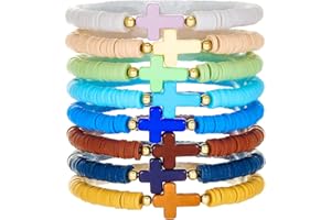 RINTOLER Friendship Bracelets for Women - Heishi Surfer Colorful Smile Evil Eye Clay Beaded Stretch Bracelets Elastic Layering - Stackable Boho Disc Y2K Aesthetic Summer Jewelry Set.