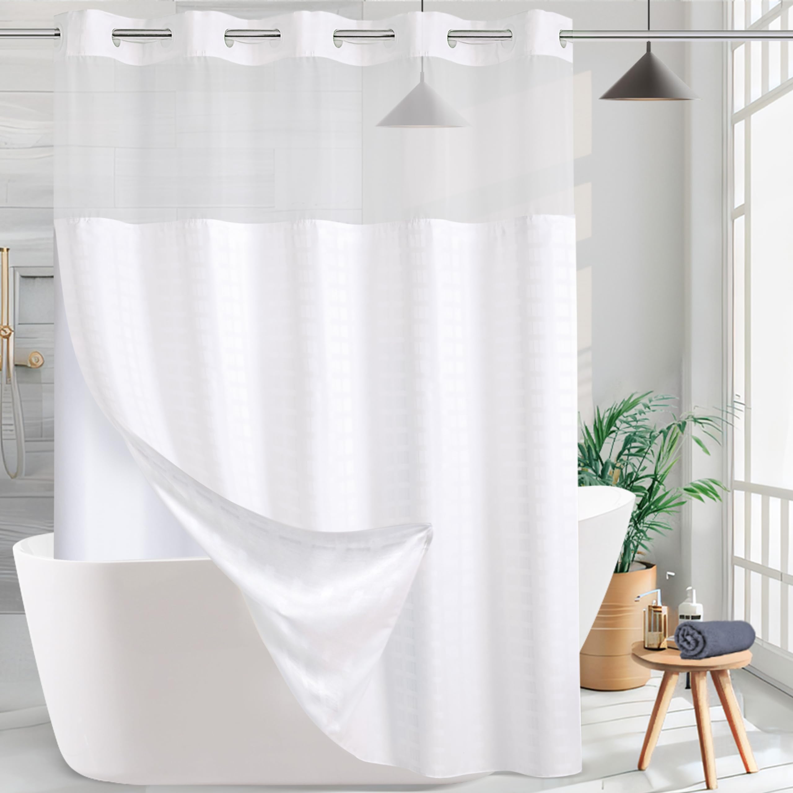 Photo 1 of KONZENT Hotel Fabric Shower Curtain Shower Curtain Machine Washable with Snap in Removable Liner for Bathroom Bathtubs Spa(White,71" (W) X 74" (H))