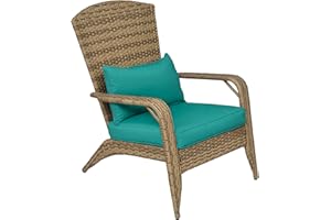 Outsunny Patio Wicker Adirondack Chair, Outdoor All-Weather Rattan Fire Pit Chair with Soft Cushions, Tall Curved Backrest and Comfortable Armrests for Deck or Garden, Sky Blue