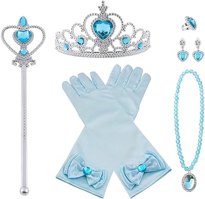 Vicloon Elsa Dress Up Accessories Set 7 Pcs Blue Crown Wand Gloves Earring