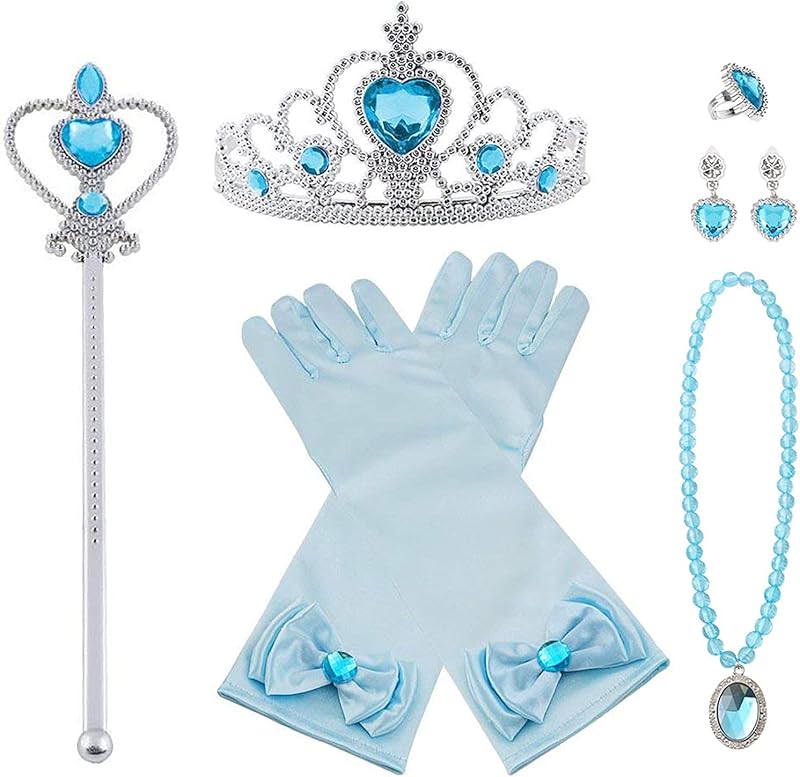 Vicloon Elsa Dress Up Accessories Set 7 Pcs Blue Crown Wand Gloves Earring