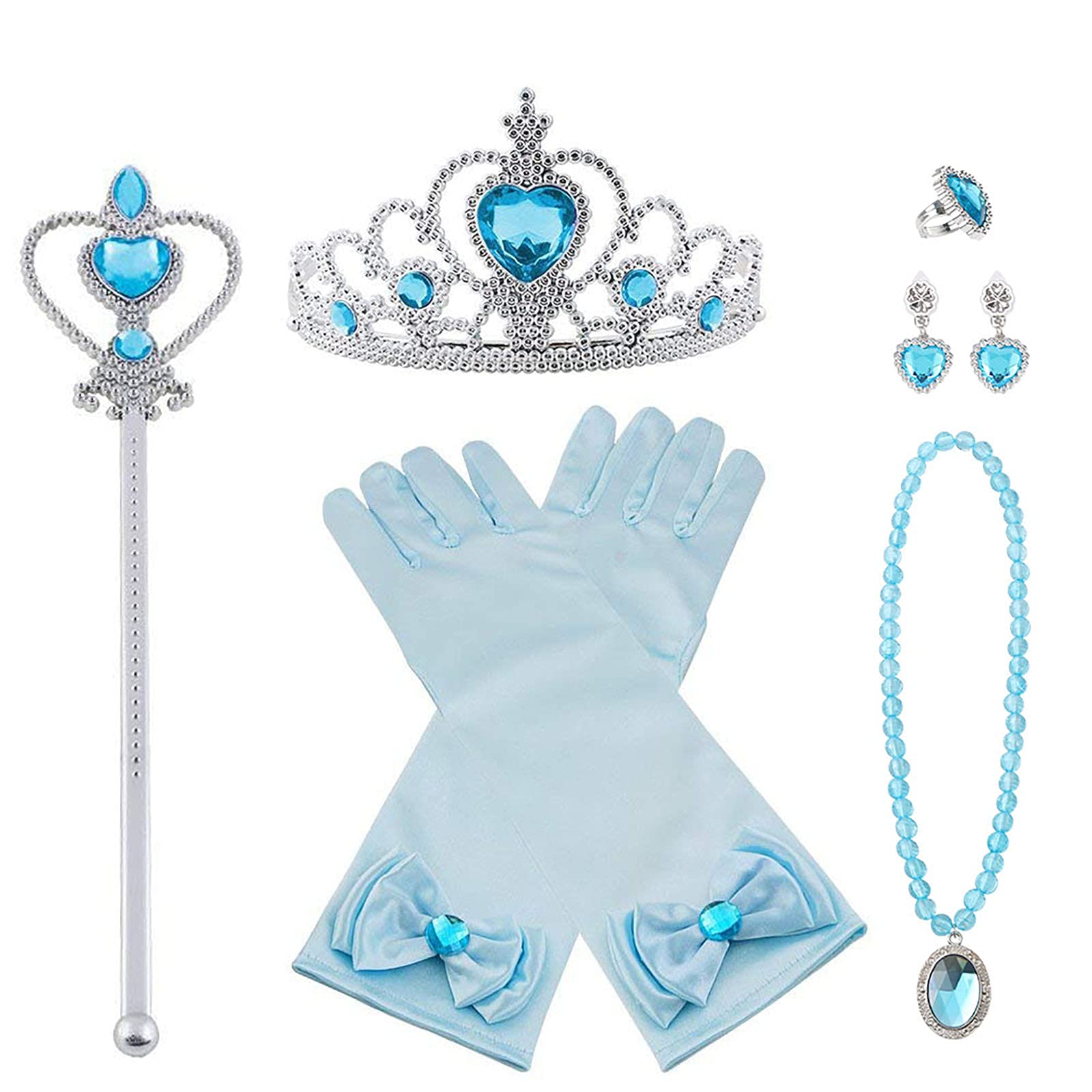 Vicloon Elsa Dress Up Accessories Set, 7 Pcs Princess Dress-up Party Accessories for Girls with Elsa Gloves, Princess Tiara, Earring, Magic Wand, Necklace(Blue)