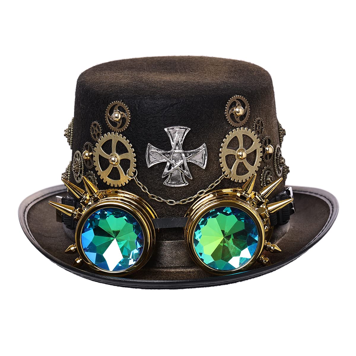 BPURB Unisex Victorian Steampunk Top Hat with Goggles and Gears for Men Women Carnival Halloween Cosplay Headwear Accessory (Head circumference: about 58cm/22.8", Brown-1) (58cm/22.8 Inches, black)
