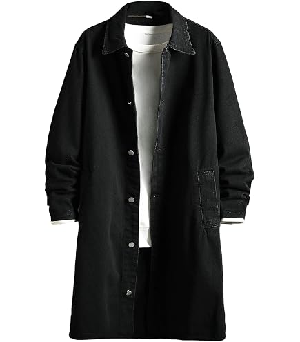 Mens Classic Denim Trench Coat Button Down Cardigan Lapel Long