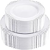 Joyido 102PCS White and Silver Plastic Plates - Heavyweight Silver Plate - Wedding Plate with Silver Rim - Fancy Dinner & Dessert Plates for 51 Guests Weddings & Parties