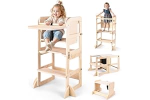 6 in-1 Toddler Kitchen Step Stool with Wooden Stool, Foldable Learning Standing Tower with Blackboard & Feeding Tray, Wooden 