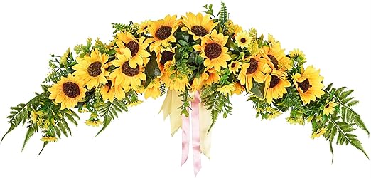 Amazon Com Lvydec Artificial Sunflower Swag 25 Decorative Swag With Sunflowers Green Leaves And Silk Ribbon For Wedding Arch Front Door Wall Decor Kitchen Dining
