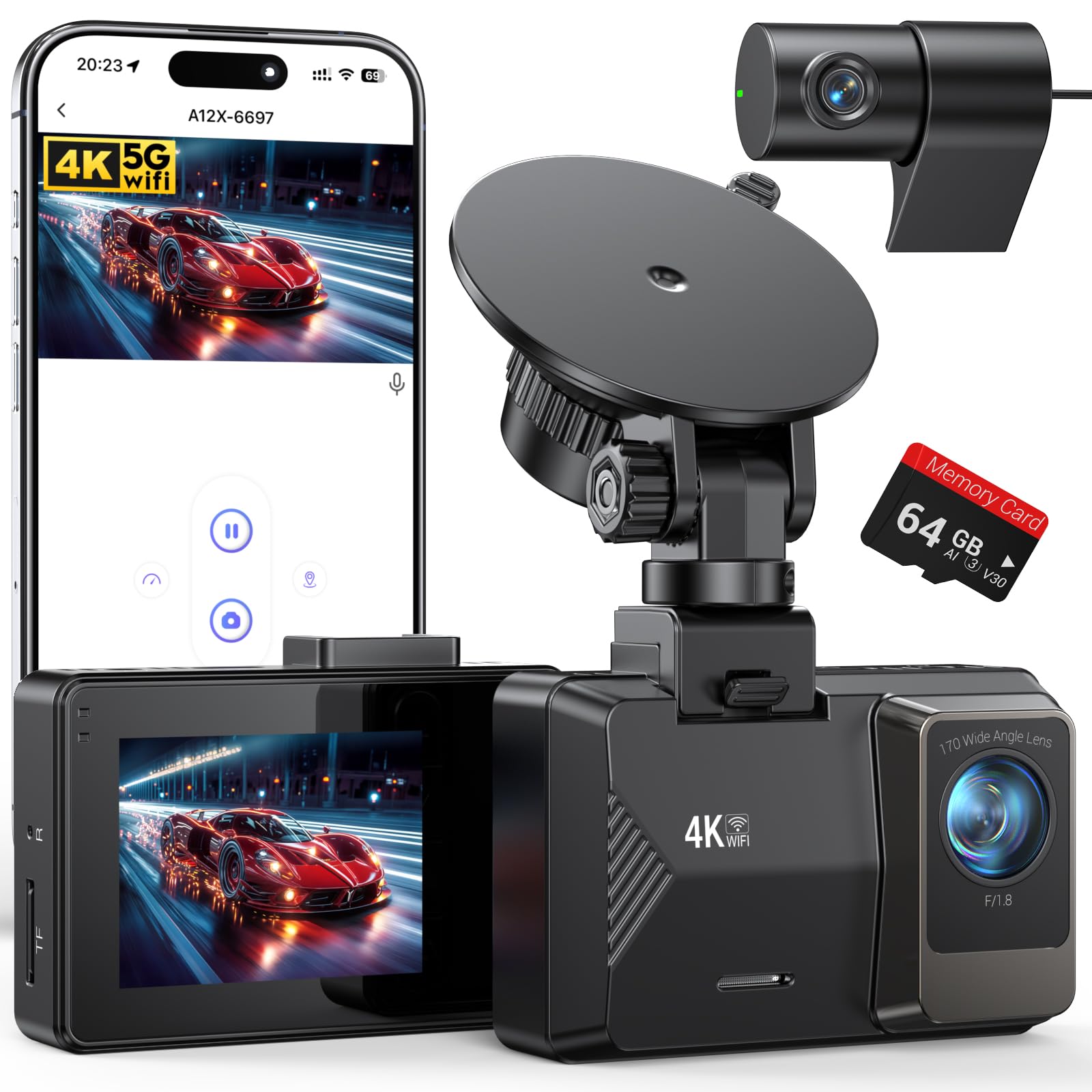 Photo 1 of Dash Cam Front Rear, 4K/1080P Dual Channel Dash Cams with 64GB Card, Dash Camera for Cars with 5GHz WiFi, APP Control,2.0" IPS Screen,Night Vision,G-Sensor,170°Wide Angle,Parking Mode,Loop Recording