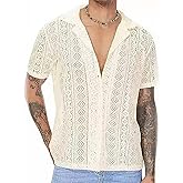 Mens Lace Short Sleeve Shirt Hollow Out Sheer See Through Button Holiday Casual T Shirt Top