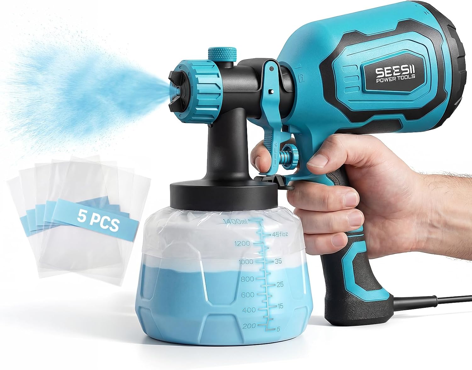 Seesii Paint Sprayer,1400ML HVLP Paint Gun with 4 Nozzles and 3 Patterns, 5 Paint Bags, Easy Clean & Adjustable Flow, Sprayer Gun for House Painting, Furniture, Cabinets, Walls, Fence, DIY Projects