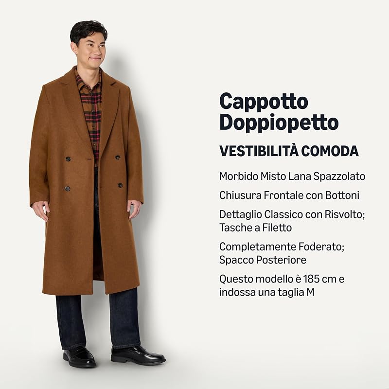 Cappotto Lungo a Doppiopetto in Misto Lana, Vestibilità Comoda Uomo, Caramello Mélange, L