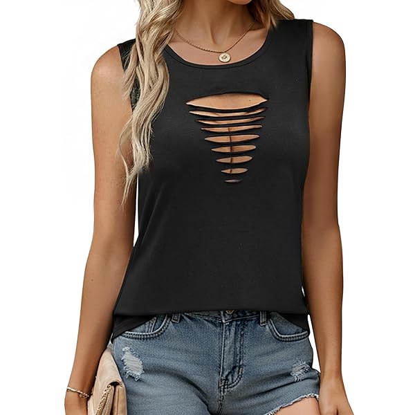 Remidoo Women's Rock Ripped Tank Top Distressed Cut Out Sleeveless
