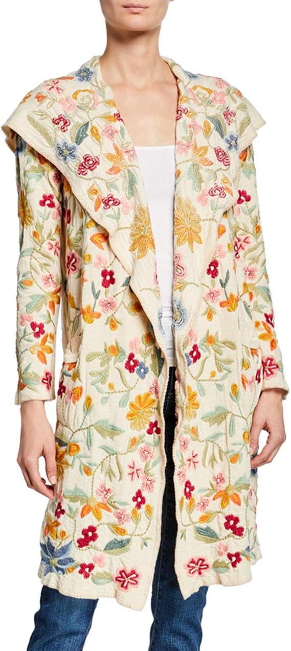 Johnny Was SACAI Hooded Duster Ecru Beige Jacket Flower