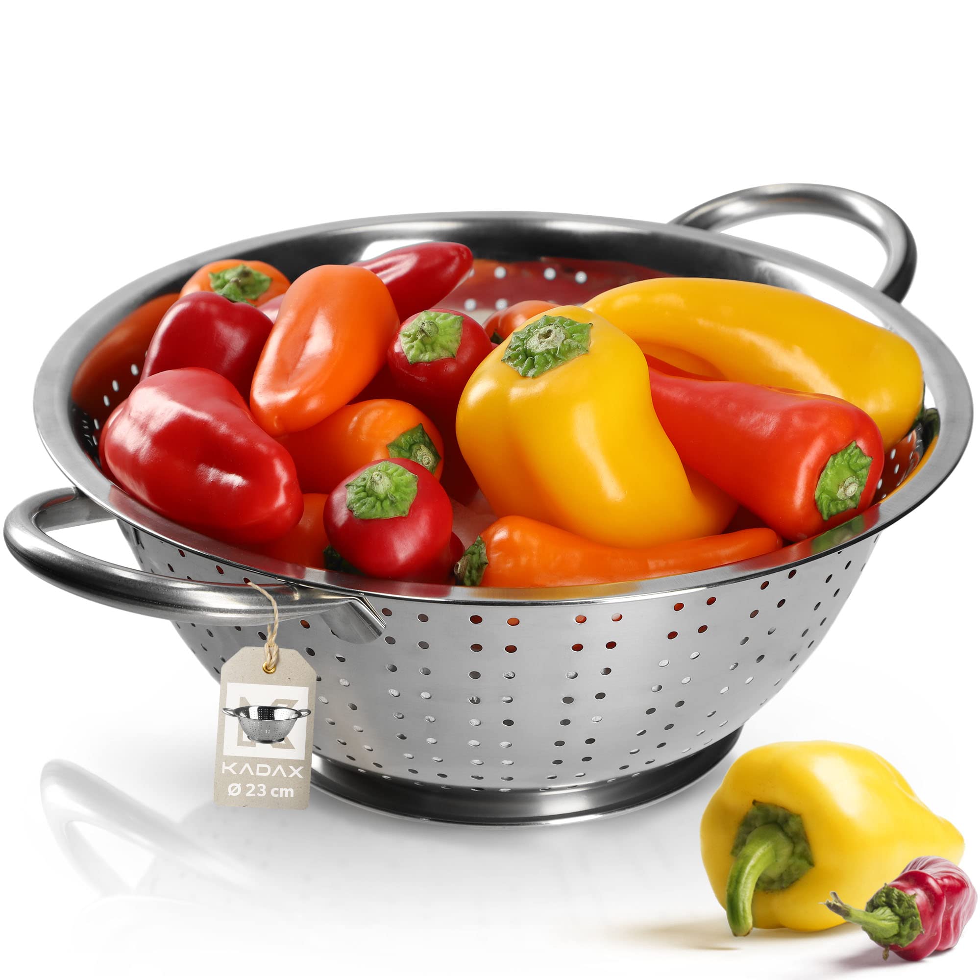 KADAX Stainless Steel Noodle Strainer, Kitchen Colander, Filter with Two Handles and Sturdy Base, Pasta Strainer, Sieve, Dishwasher Safe (24,5 cm)