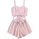 SweatyRocks Women's 2 Piece Outfits Summer Sleeveless Tie Back Crop Cami Top and Shorts Set
