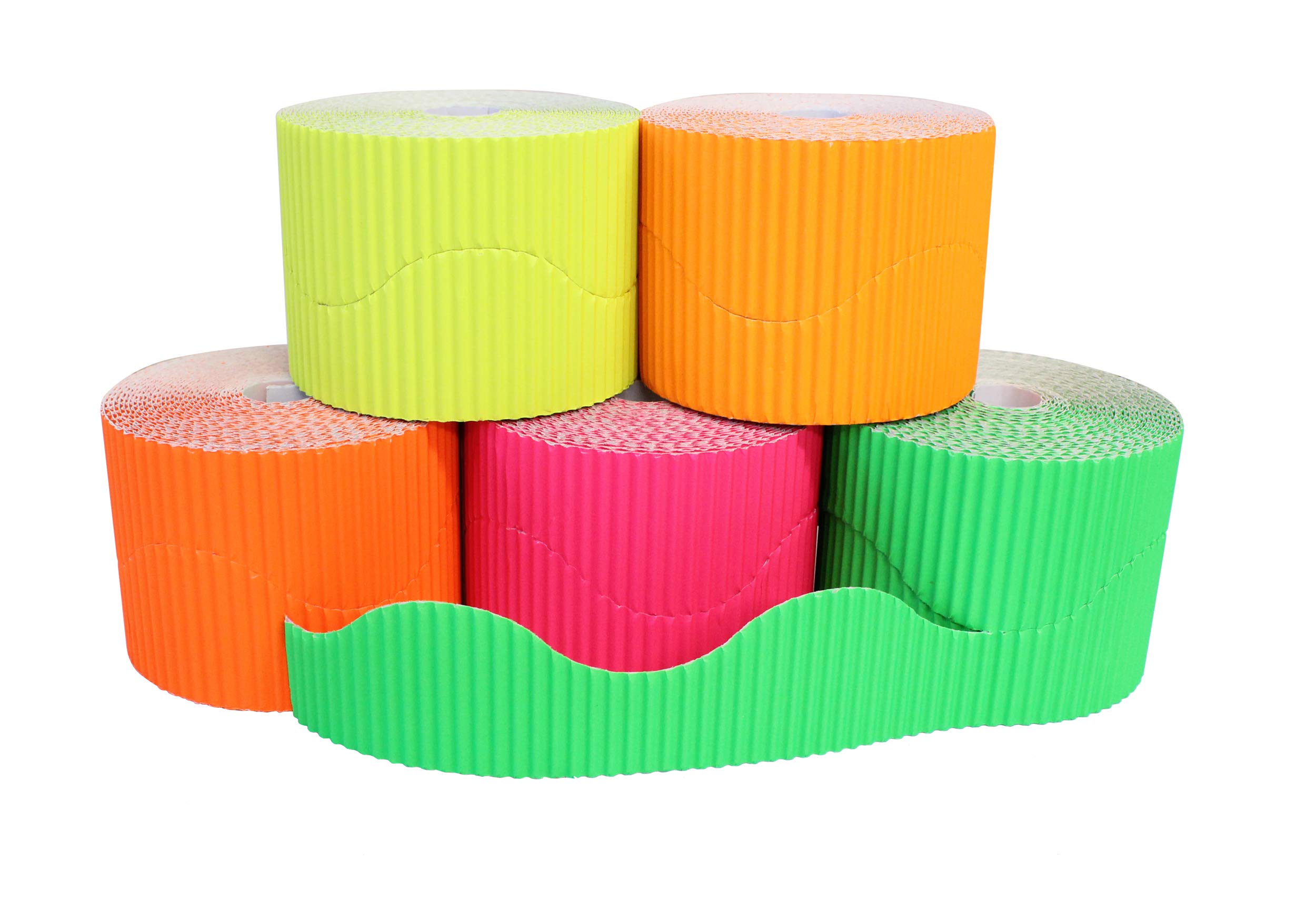 Bright Ideas Corrugated Border Rolls for School Displays, Fluorescent Assortment, 5 Pack, 57mm x 7.5m (15m When Split), BI7874