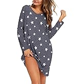 ENJOYNIGHT Women's Cotton Nightgown Long Sleeve V Neck Nightshirt Print Sleep Dress with Pockets