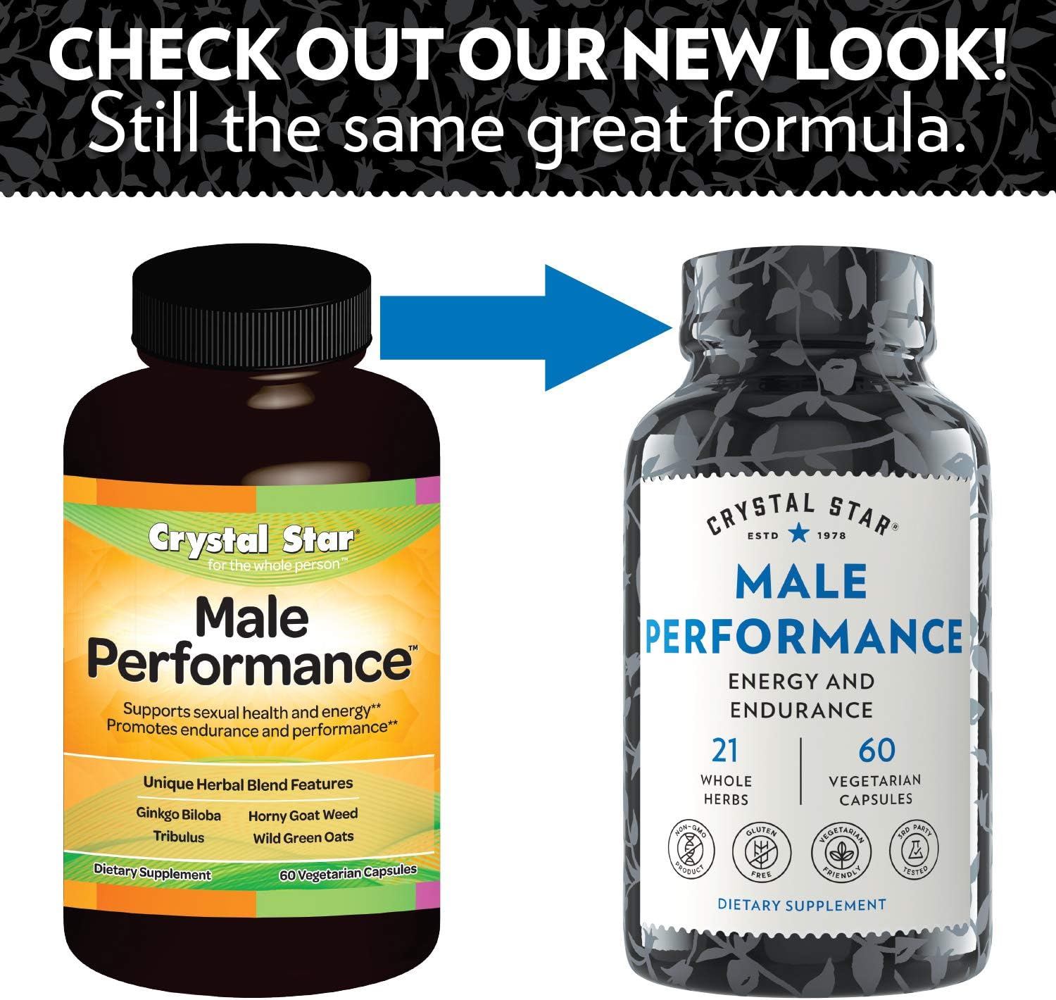 Crystal Star Male Performance Booster (60 Capsules) – Herbal Supplement That Promotes Energy and Endurance - Maca, Ginkgo Biloba, Tribulus Terrestris & American Ginseng - Non-GMO: Health & Personal Care