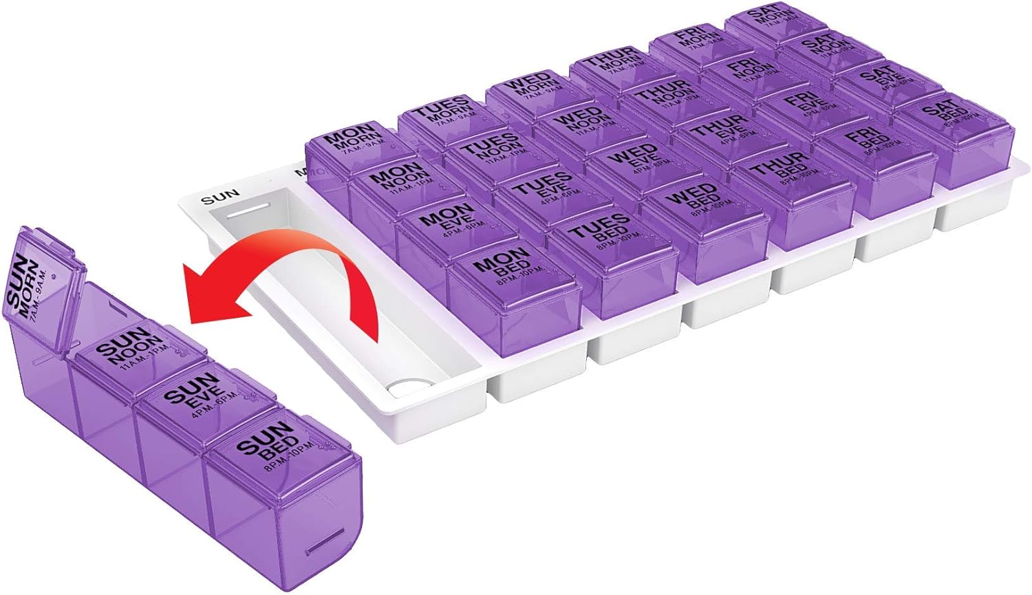 Ezy Dose Travel (7-Day) Pill, Medicine, Vitamin Organizer Box | Weekly, 4 Times a Day, AM PM | Large Removable Compartments | Assorted Colored Lids: Health & Personal Care