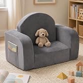 RMCOKGX Kids Couch 2-in-1 Foldable Kids Couch, Grey | Soft Convertible Chair, With Pockets, For Playroom, Bedroom, Living Room, Birthday Gift