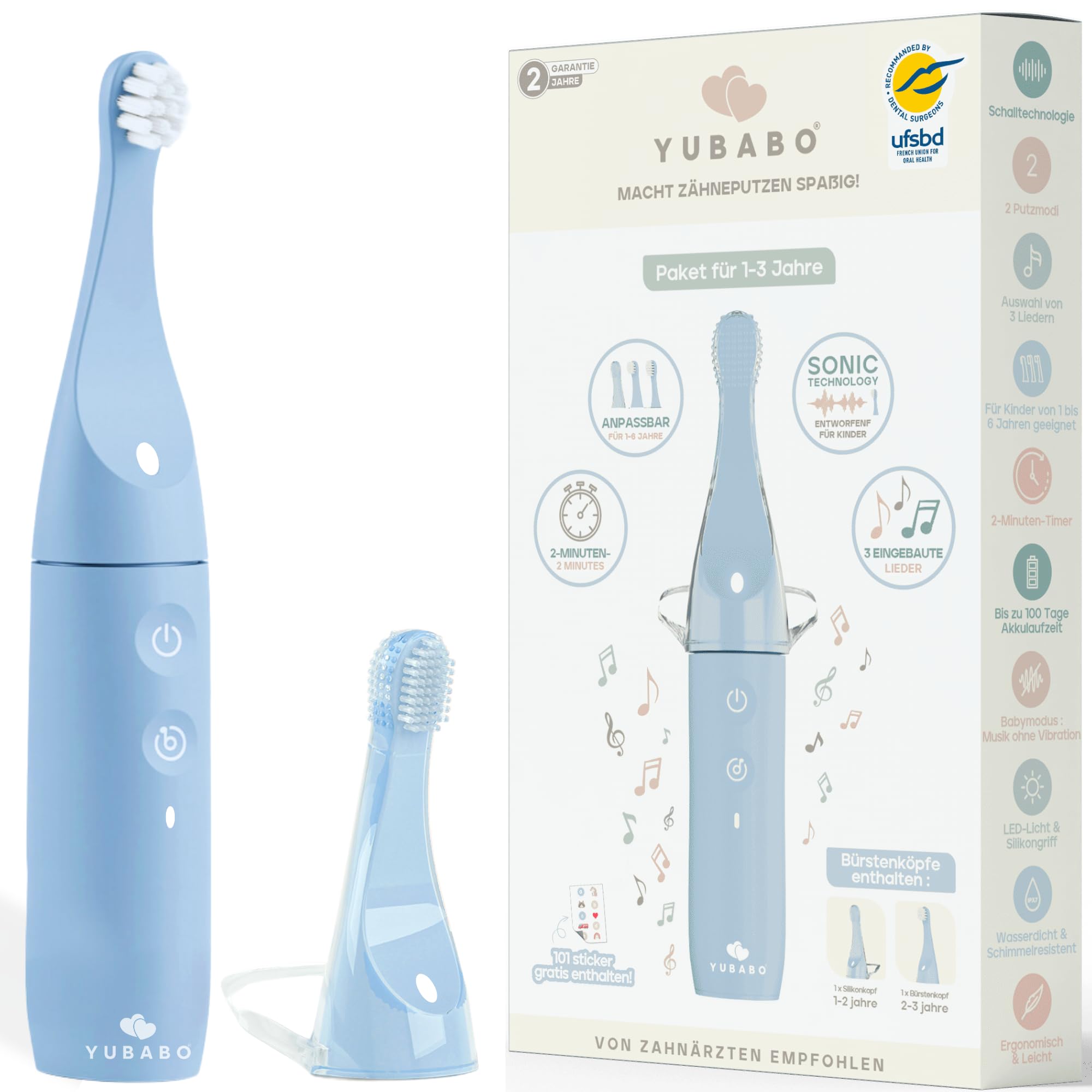 YUBABO – Elektrische Kinderzahnbürste mit Musik und Baby-Modus – 2 Schallmodi – 100 Tage Akkulaufzeit – 2-Minuten-Timer – 101 Aufkleber – Von Zahnärzten empfohlen – 1 bis 3 Jahre – Blau
