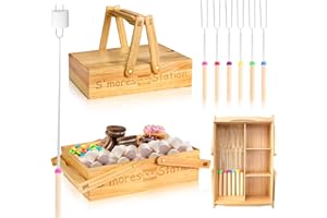 MSHUNKEJI 4 in 1 Smores Station with Handles 6 Pcs 32'' Marshmallow Roasting Sticks Wooden Smores Caddy Organizer Smores Tray with Lid Smore Skewers Extendable Smores Box Storage for Fire Pits Camping BBQ
