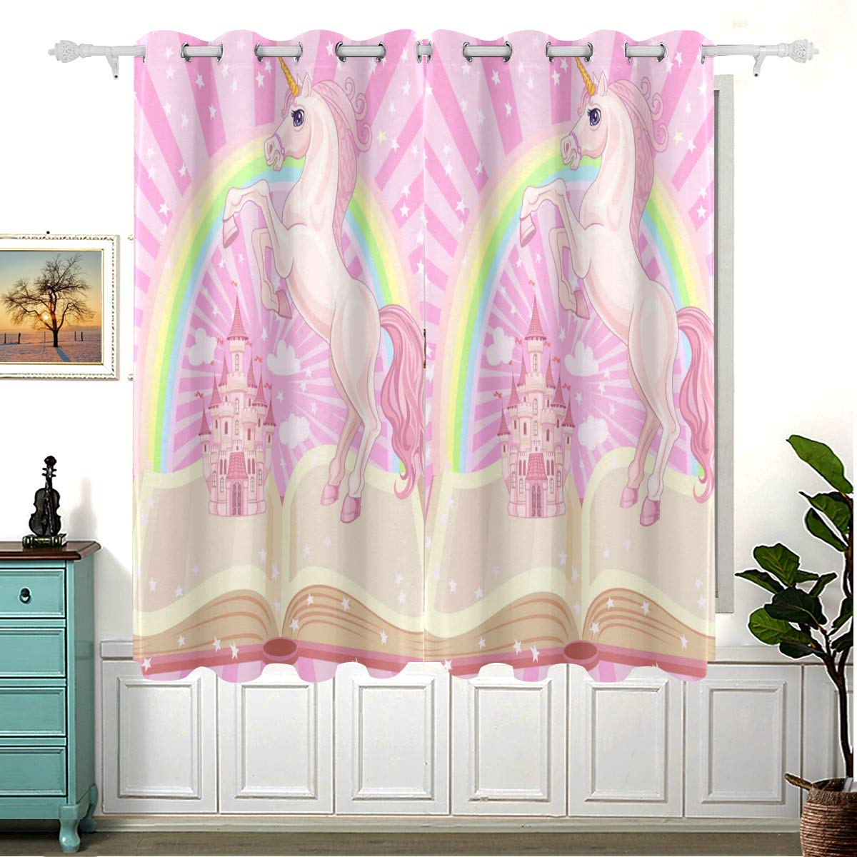 Fairytale Castle and Unicorn Curtains for Children Bedroom,Eyelet Blackout Curtains for Nursery/Short Window for Home Decor,54(L) x 55(W) in,2 Panels
