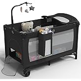 5 in 1 Pack and Play, Baby Bassinet Bedside Sleeper, Extra Large Baby Playard with Wheels, Bedside Crib with Changing Table, Foldable Travel Playard for Newborn to Toddles (Black) 1
