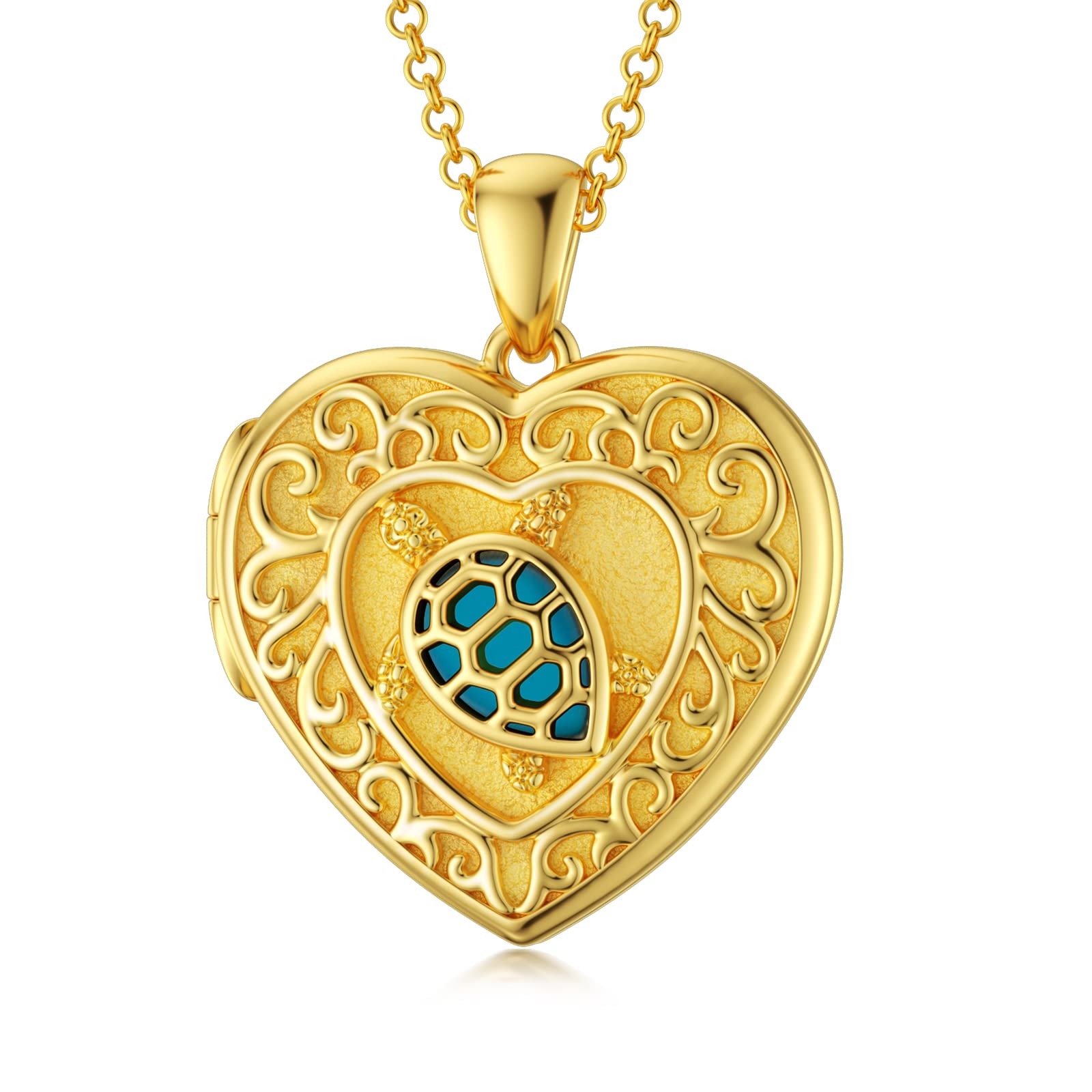 SOULMEET 18K Gold Filled Silver Heart Shaped Sea Turtle Locket Necklace That Holds 1 Picture with Turquoise Stone, 20" (Locket only)