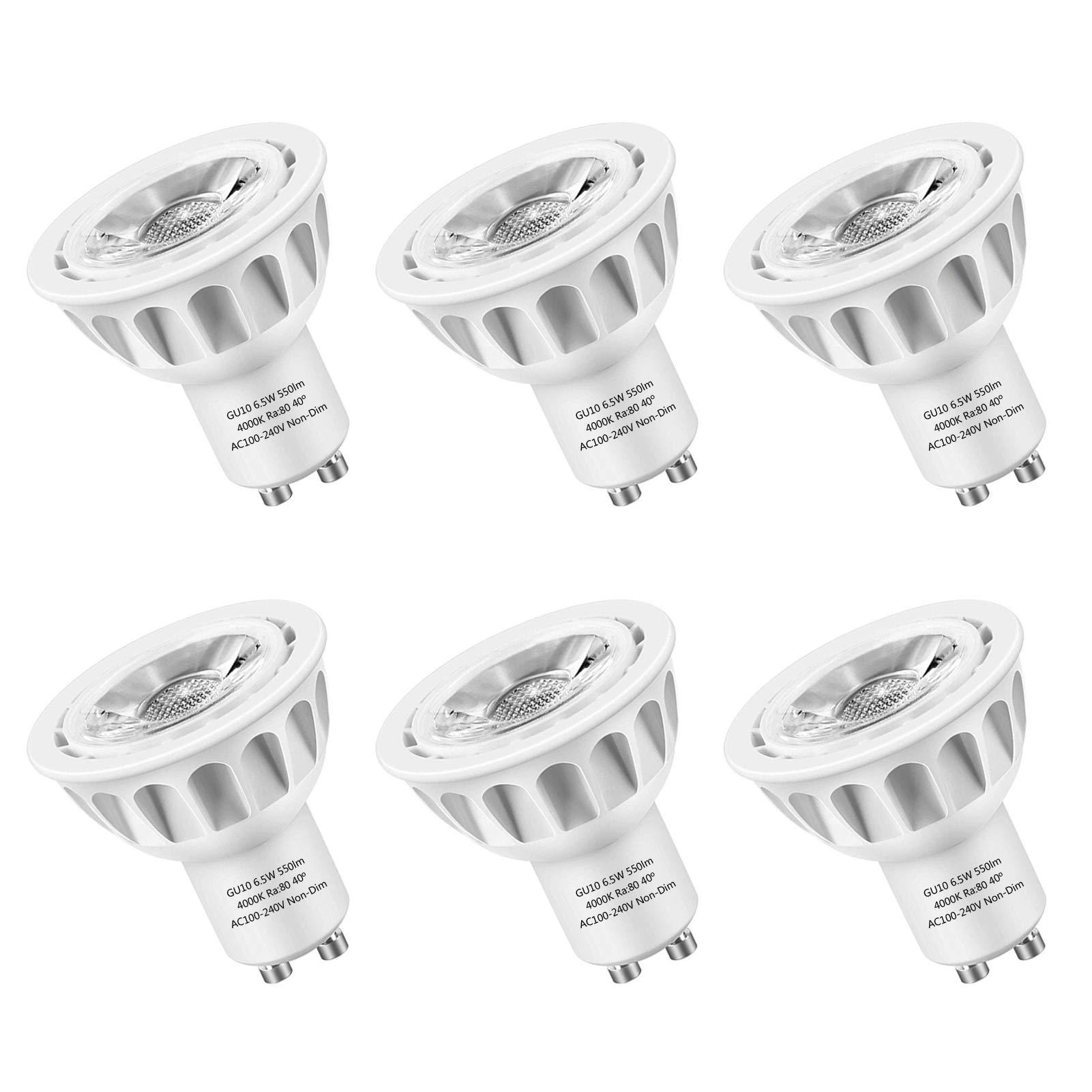 GU10 LED Bulbs, LEDMEI 6 Pack GU10 Led Light Bulbs, 50W Halogen Bulb Equivalent, 120 Volt, 6.5W 550lm, 4000K Natural White, 40° Beam Angle Spotlight, UL Listed, Non-Dimmable