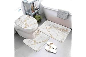 Jbofyee Marble Texture 3 Piece Bathroom Rugs Set, Bath Mat + Contour Mat + Toilet Seat Cover, Non-Slip Soft Microfiber Bathmat for Tub Shower Room Decor, Machine Washable