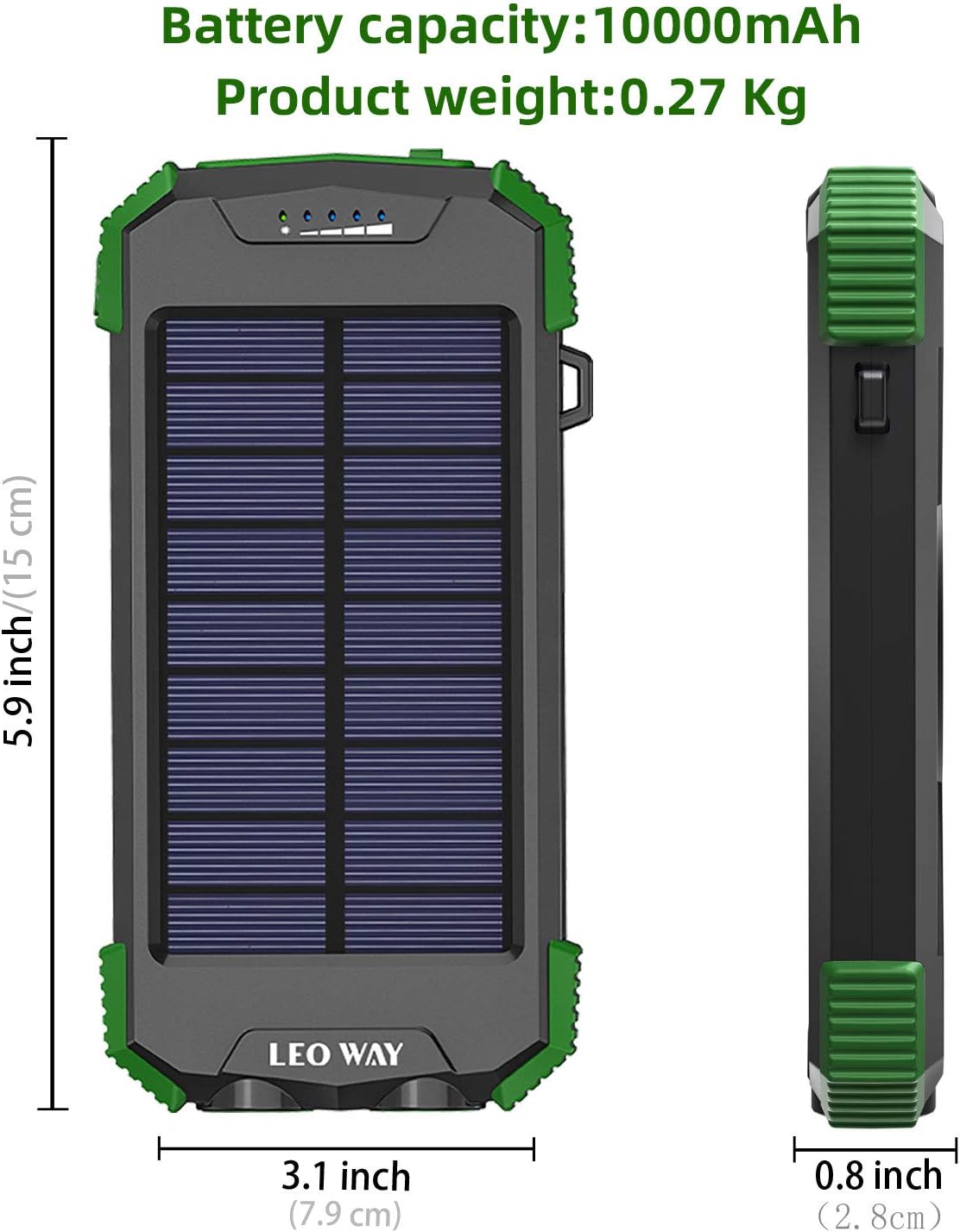 Solar Charger, 10000mAh Solar Power Bank, Qi Wireless Charger, Portable Charger for iPhone, External Battery Pack, Dual Flashlight, Compass, Solar Panel Charging for Outdoor Camping by LEO WAY, Green: Garden & Outdoor