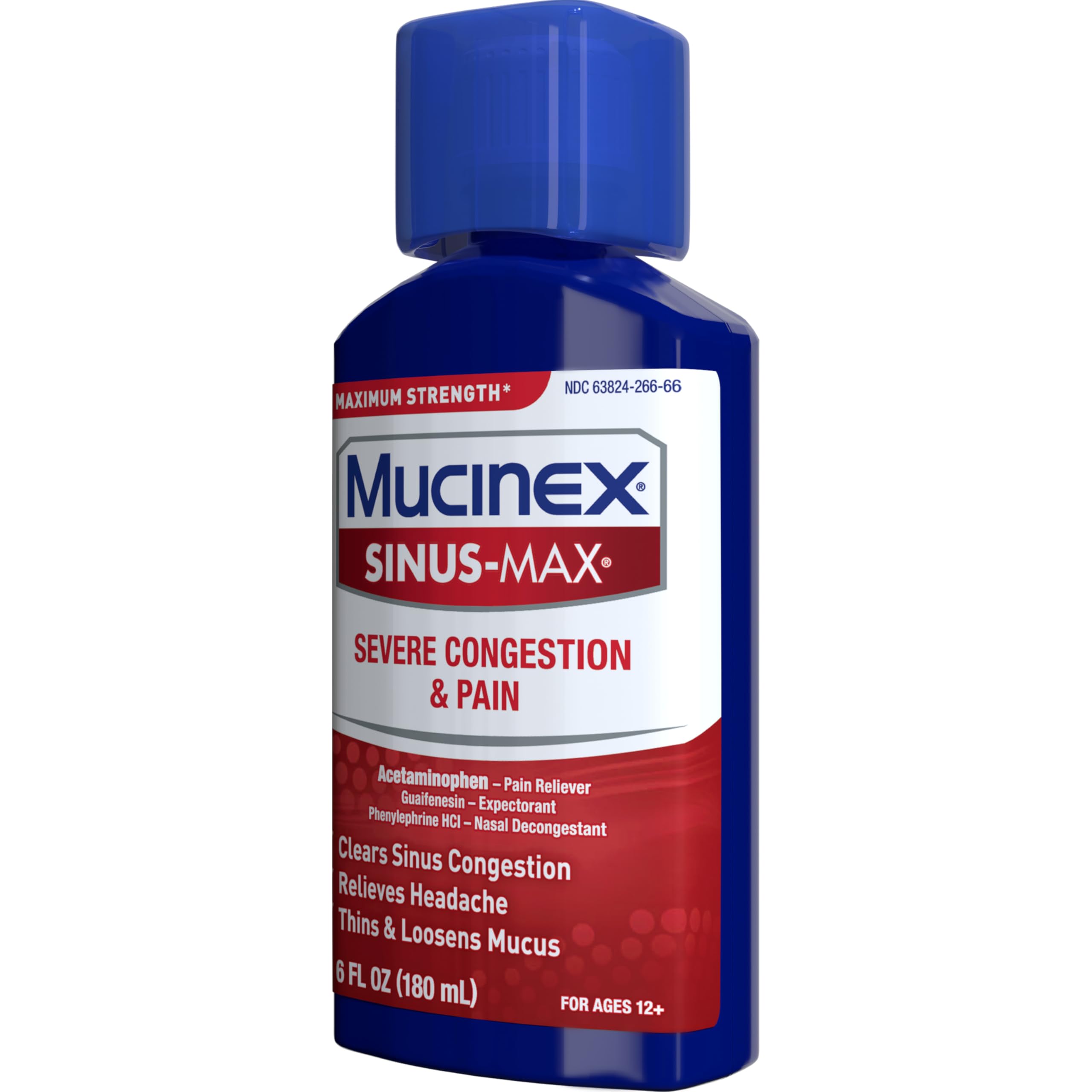 Mucinex Severe Congestion & Pain Relief, Sinus-Max Max Strength, 6oz Clears Sinus & Nasal Congestion, Relieves Headache & Fever, Thins & Loosens Mucus