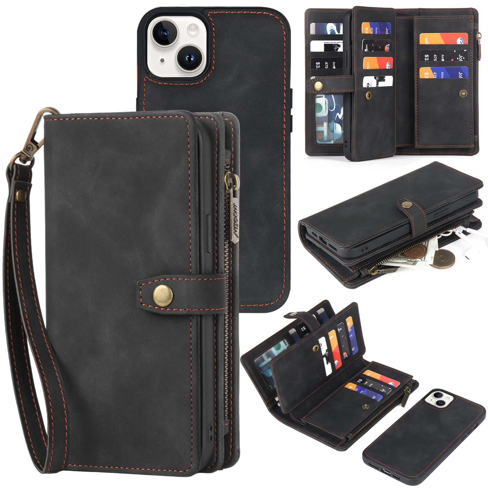 Photo 1 of TwoHead Wallet Case Compatible with iPhone 15,Detachable Magnetic Phone Case,All-Round Protective Leather Phone Case with Card Holder,6.1”,Black