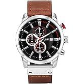 BUREI Watches Mens Analogue Quartz Chronograph Men's Waterproof Calendar Watch Men's Leather Strap Classic Gifts for Men