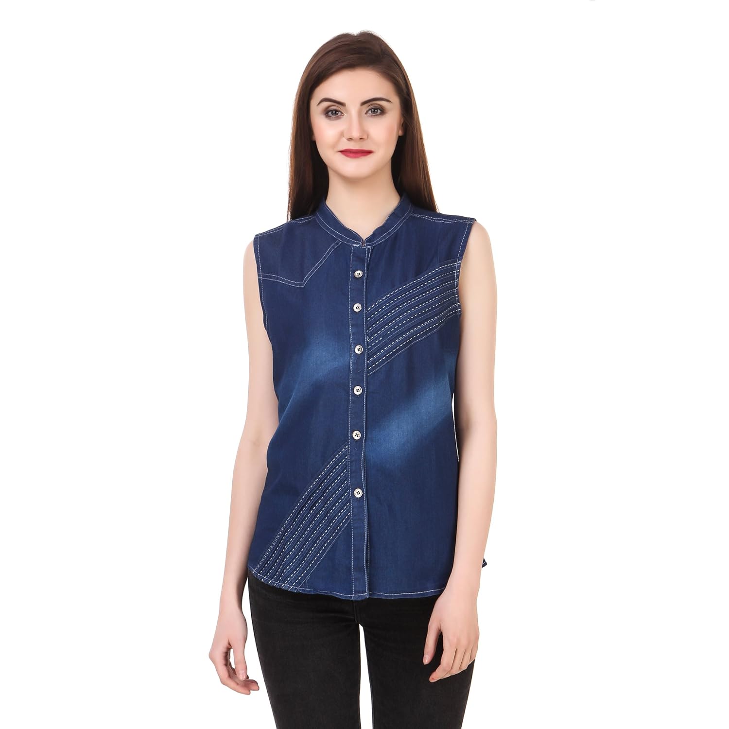 clo clu blue mandarin collar embroidered washed denim casual shirt