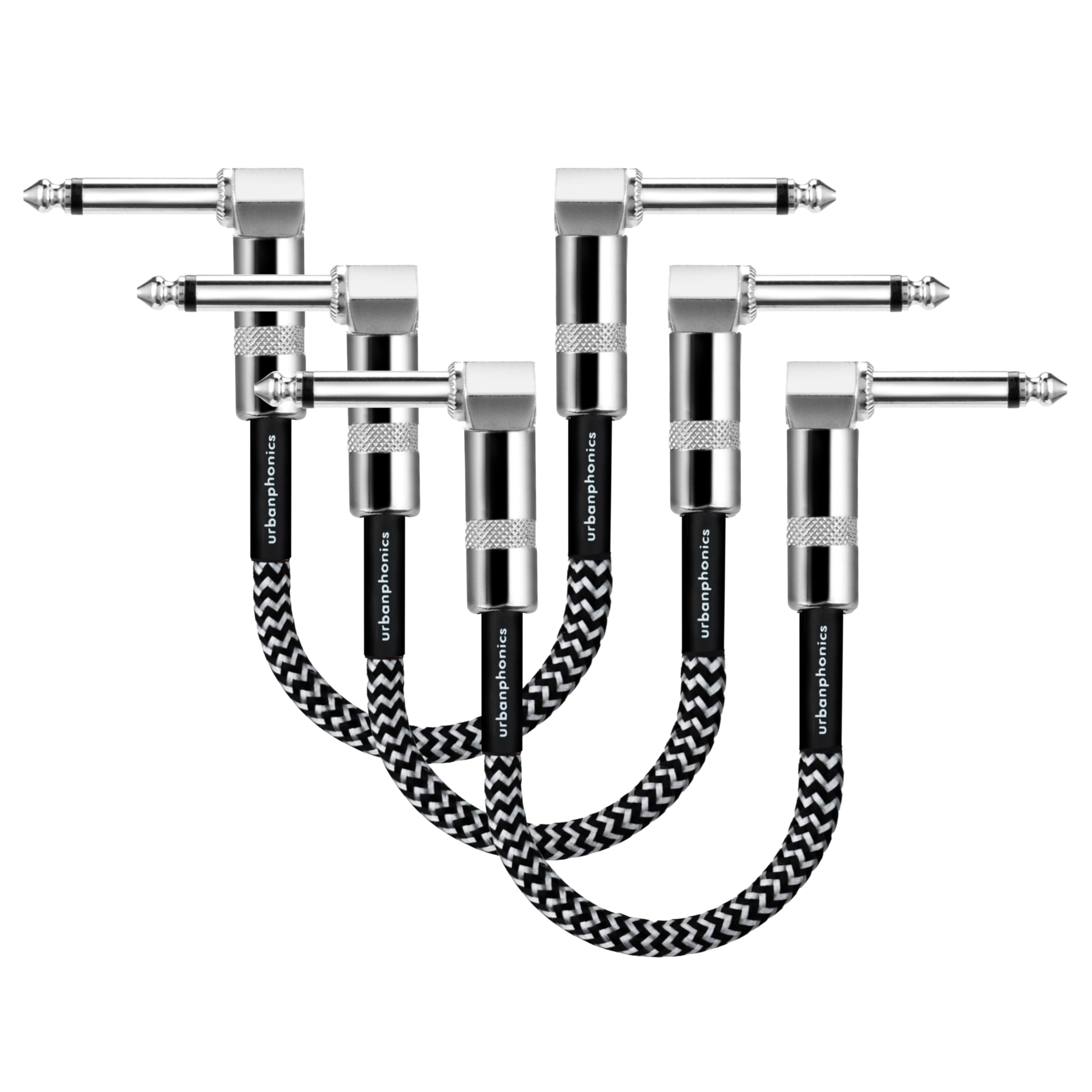 Urbanphonics Guitar Patch Cable | 6.35mm Jack Pro Grade Noiseless | 23 cms Pedalboard Cord Lead | Right Angle Male to Male | for Guitar, Bass and Effects Pedals | 3 Pack Black & White Braided Tweed